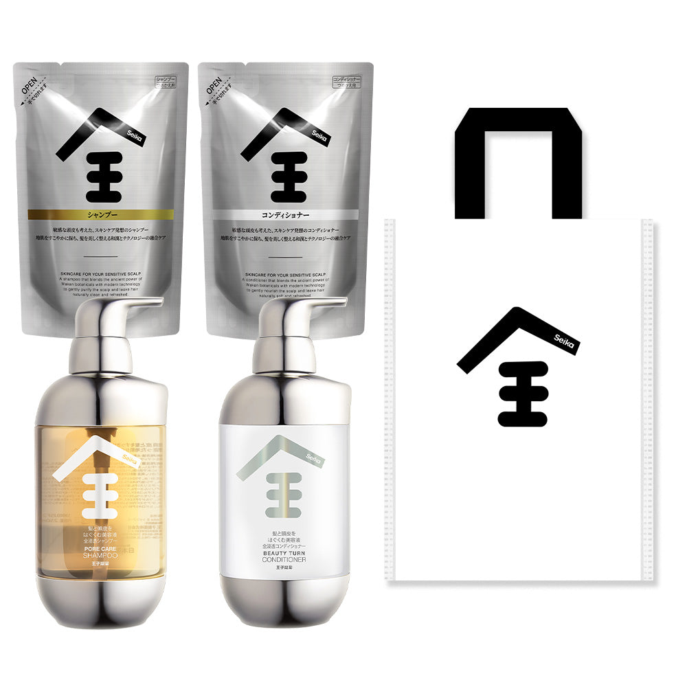 【セット】Seika全 シャンプー 400ml + Seika全 コンディショナー 400m 本体 & Seika全 シャンプー 380ml + Seika全 コンディショナー 380ml 詰め替え &Seika全エコバッグ Seika Pore Care Shampoo + Conditioner アミノ酸系洗浄成分 ナイアンシンアミド スカルプケア(セイカゼン ZEN)