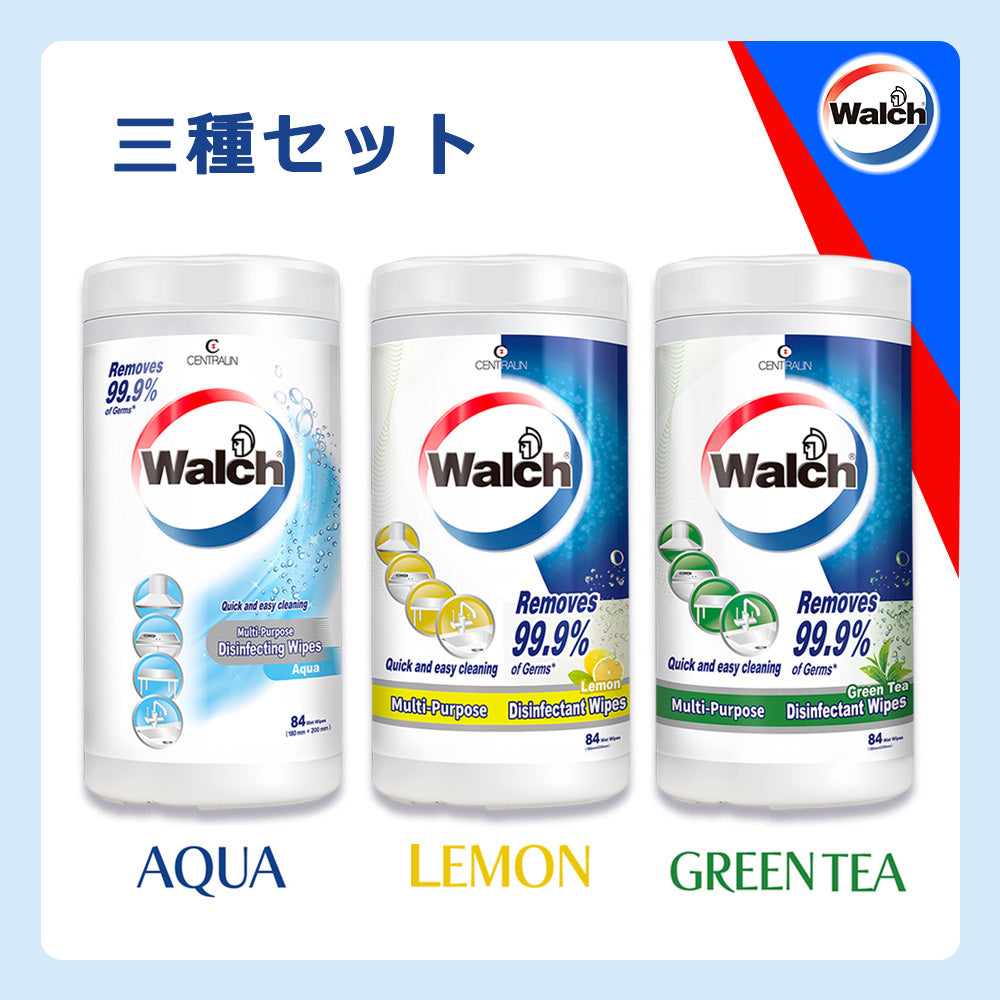 除菌ウェットシート Walch(ウォルシュ) AQUA・Lemon・Green Tea(アクア・レモン・グリーンティー) 3種セット